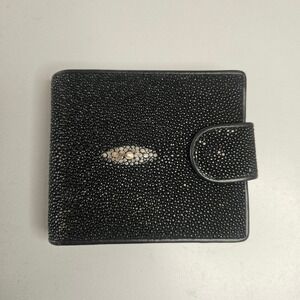 Infinity Genuine Stingray Skin Bifold Wallet Black Exotic Leather Kiss Lock Coin